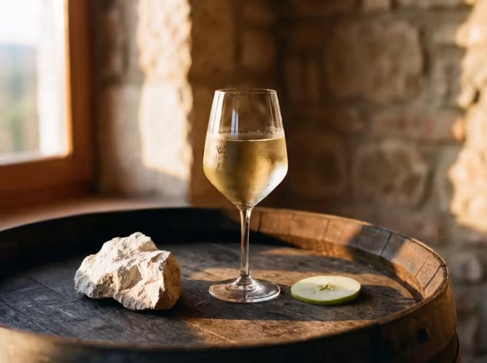 Et koldt glas Aligoté-hvidvin ved siden af en rå kalksten og grønne æbler.