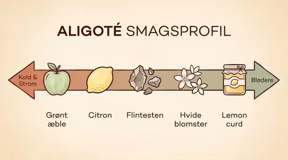 Infografik over Aligote-druens smagsnoter fra grønt æble til lemoncurd.