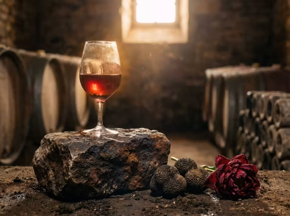 Rødvin fra Aloxe-Corton i glas placeret på rustik kalksten i hyggelig vinkælder med blødt lys.
