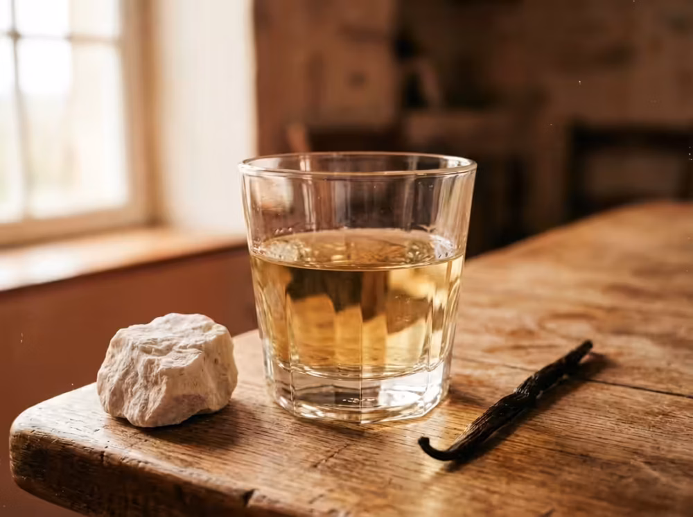 Glas hvidvin flankeret af kalksten og vaniljestang i blødt lys.