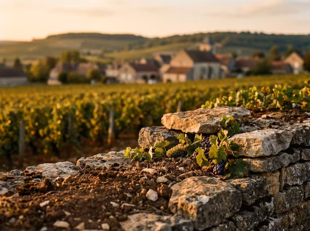 Vinmark i Chassagne-Montrachet med kalkstensjord og drueklaser i gyldent lys