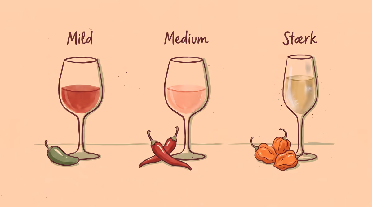 Illustration: mild chili med let rødvin, medium med rosé og stærk habanero med kold hvidvin