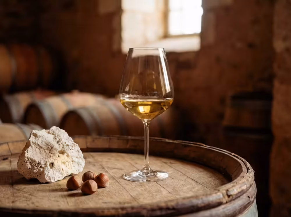 Gylden hvidvin i et elegant glas ved siden af rå kalksten og nødder i en mørk vinkælder.