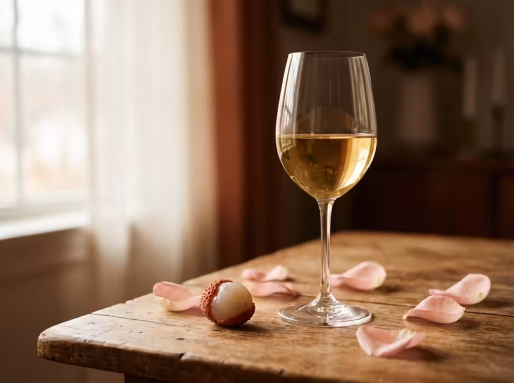 Gylden hvidvin i glas omgivet af litchifrugt og lyserøde rosenblade.