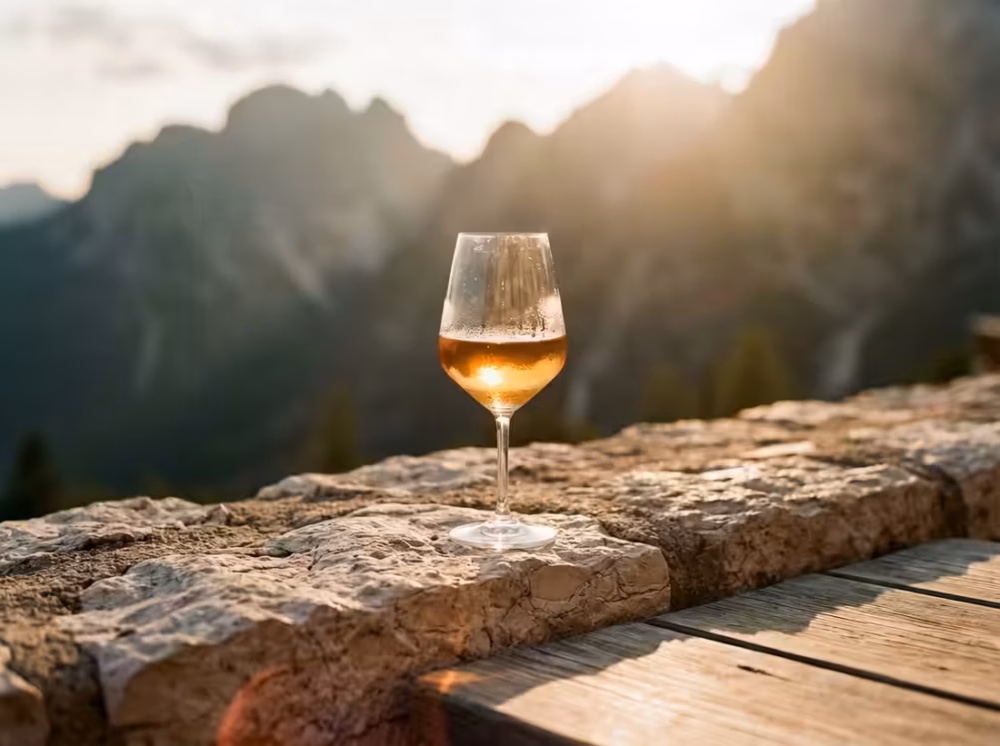 Køligt glas hvidvin på en rå dolomit-kalksten i gyldent aftenlys.