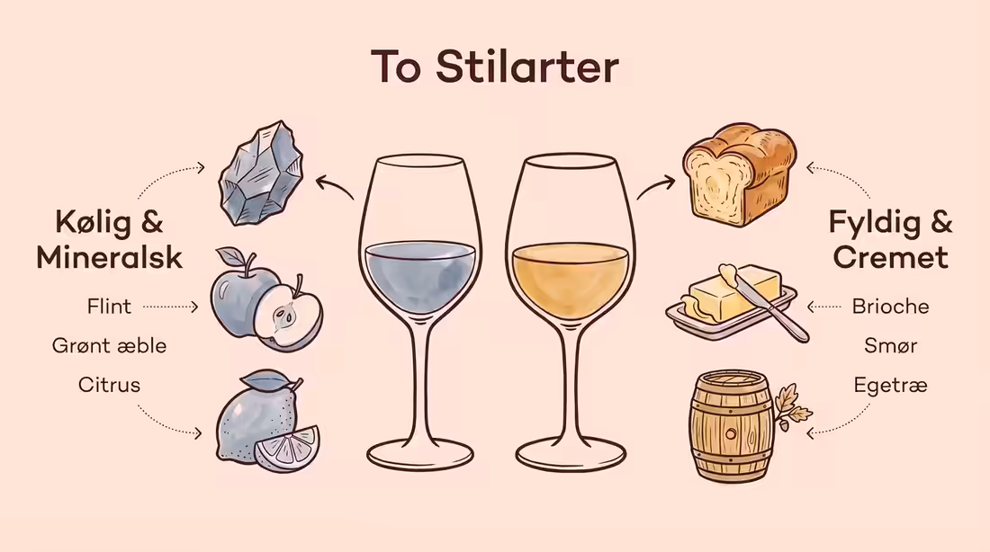 Illustration der sammenligner den mineralske og den cremede stil i fadlagret hvidvin.