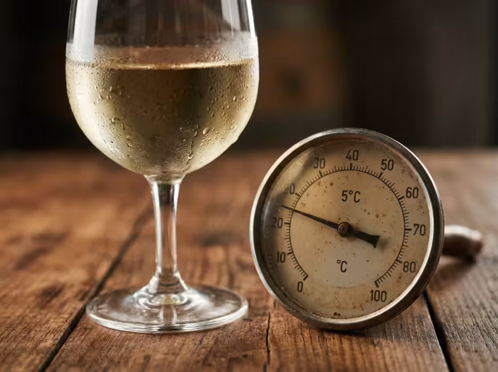 Dugget glas hvidvin og et termometer på et træbord, der viser serveringstemperatur.
