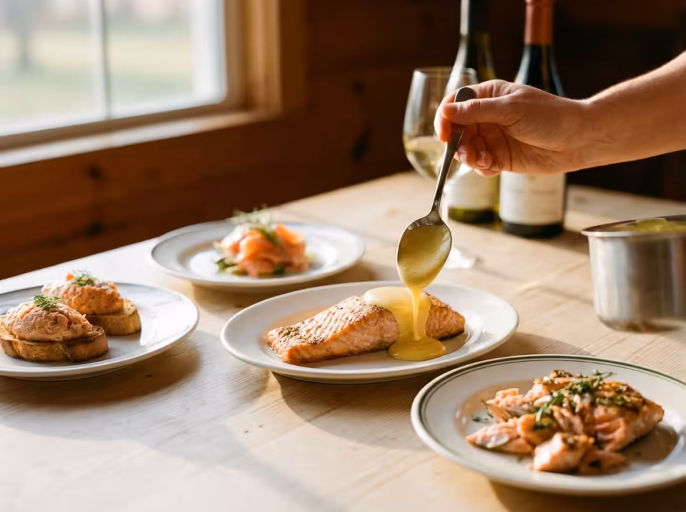 Lakseretter med sauce og vin på rustikt bord i varmt lys