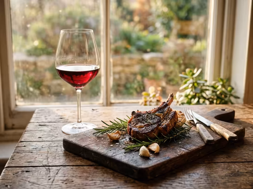 Grillet lammekotelet og et glas rødvin på et rustikt træbræt. Perfekt vin til lam i gyldent lys.