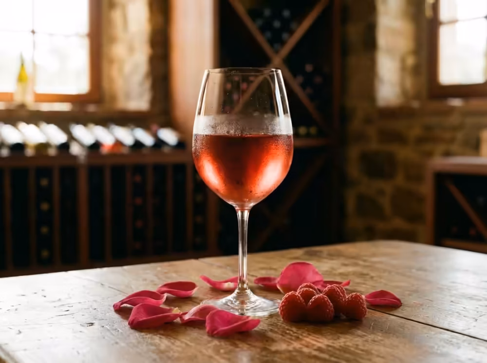 Dugvådt glas med lys rødvin omgivet af friske hindbær og rosenblade på et træbord.