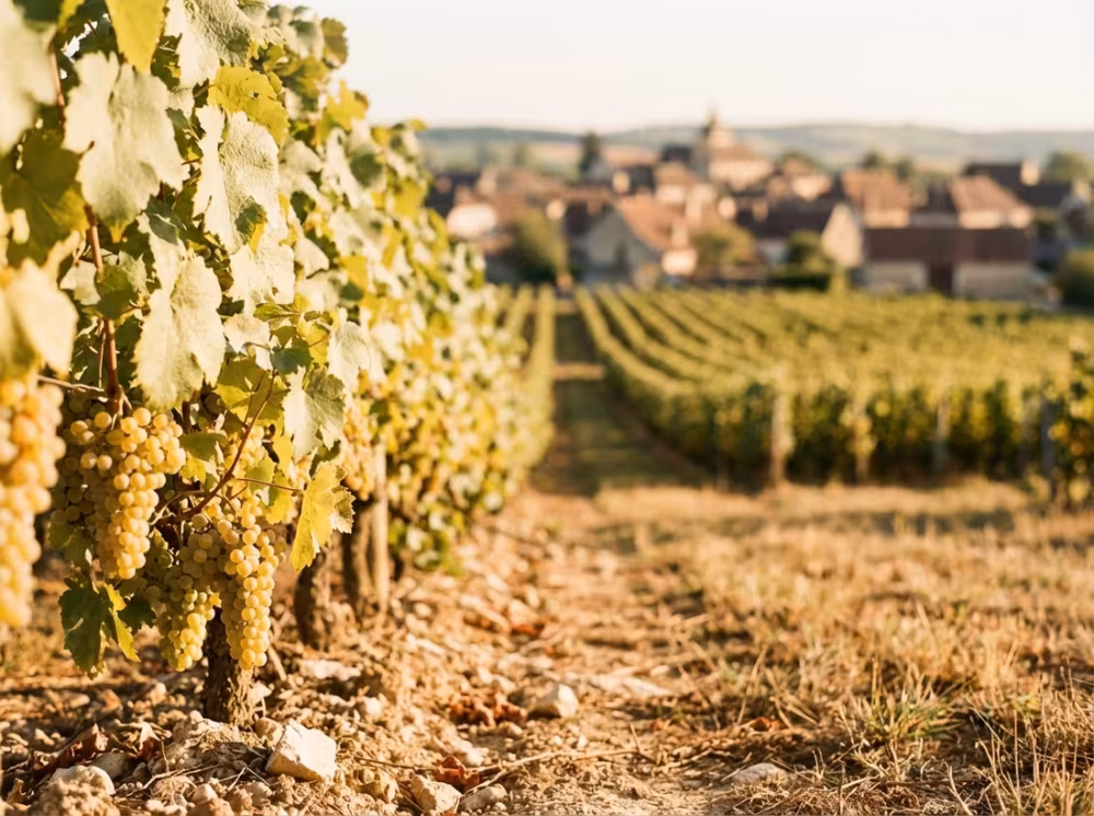 Solbeskinnet Mâconnais-vinmark med Chardonnay og kalkstensbakker