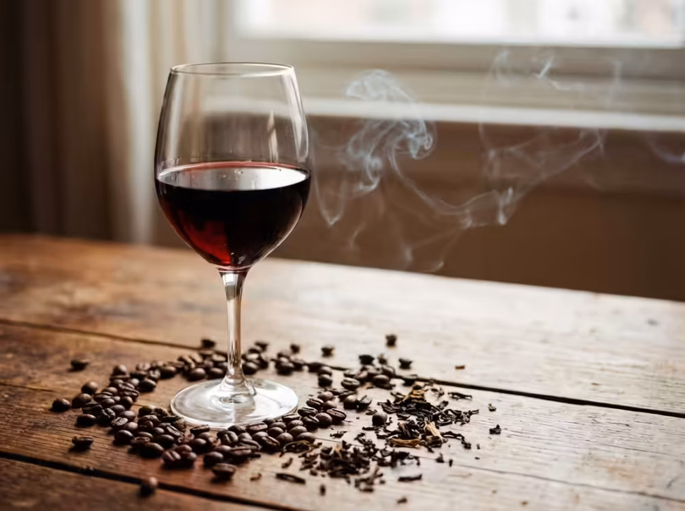 Glas med rødvin omkranset af ristede kaffebønner og en anelse røg.