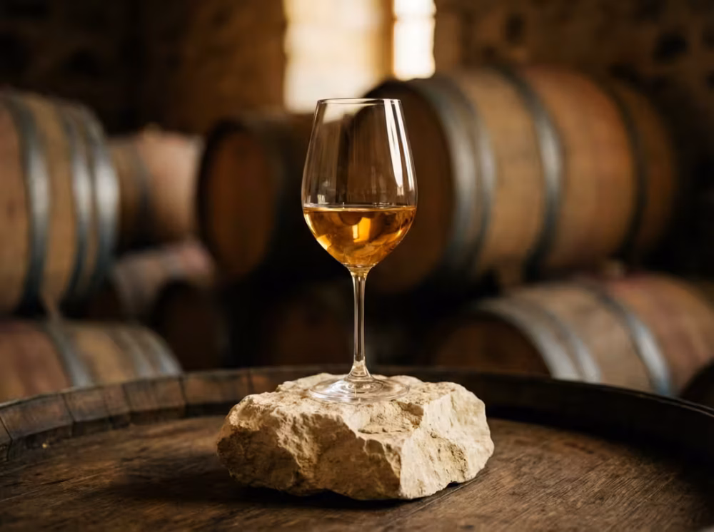 Gylden Chardonnay i et vinglas placeret på rå kalksten i en mørk vinkælder.