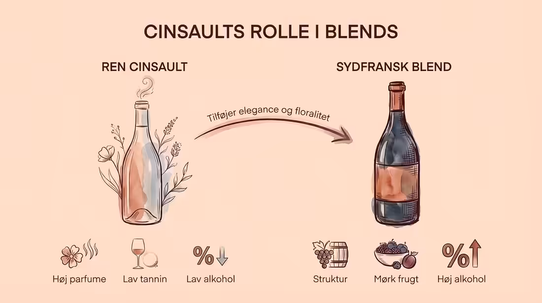 Sammenligning af ren cinsault og sydfransk blend der fremhæver druens elegante bidrag.