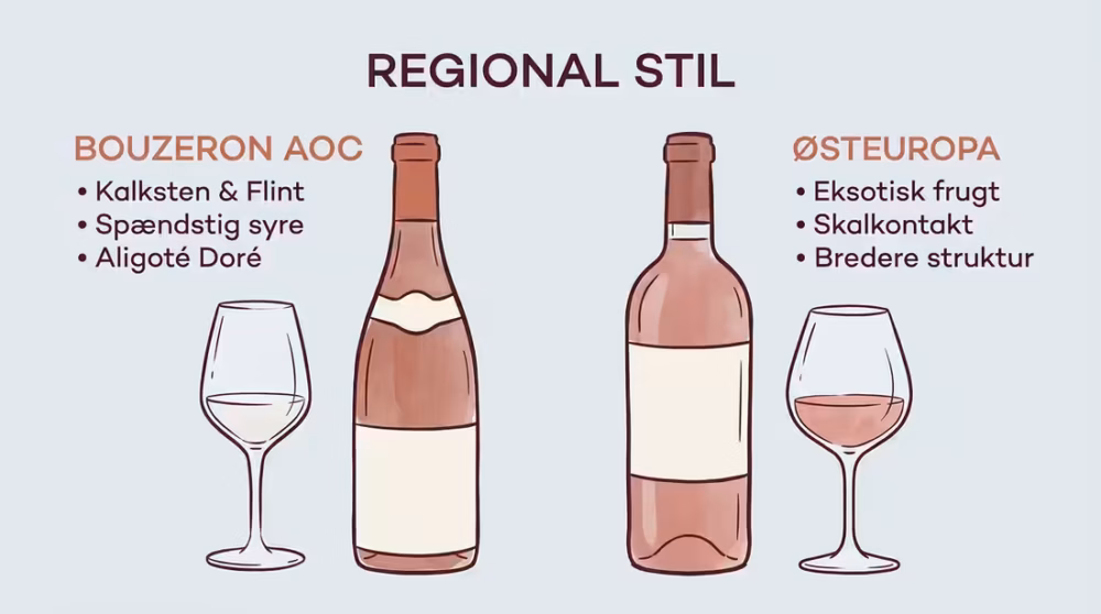Sammenligning mellem stram Bouzeron-vin og fyldigere udgaver fra Østeuropa.