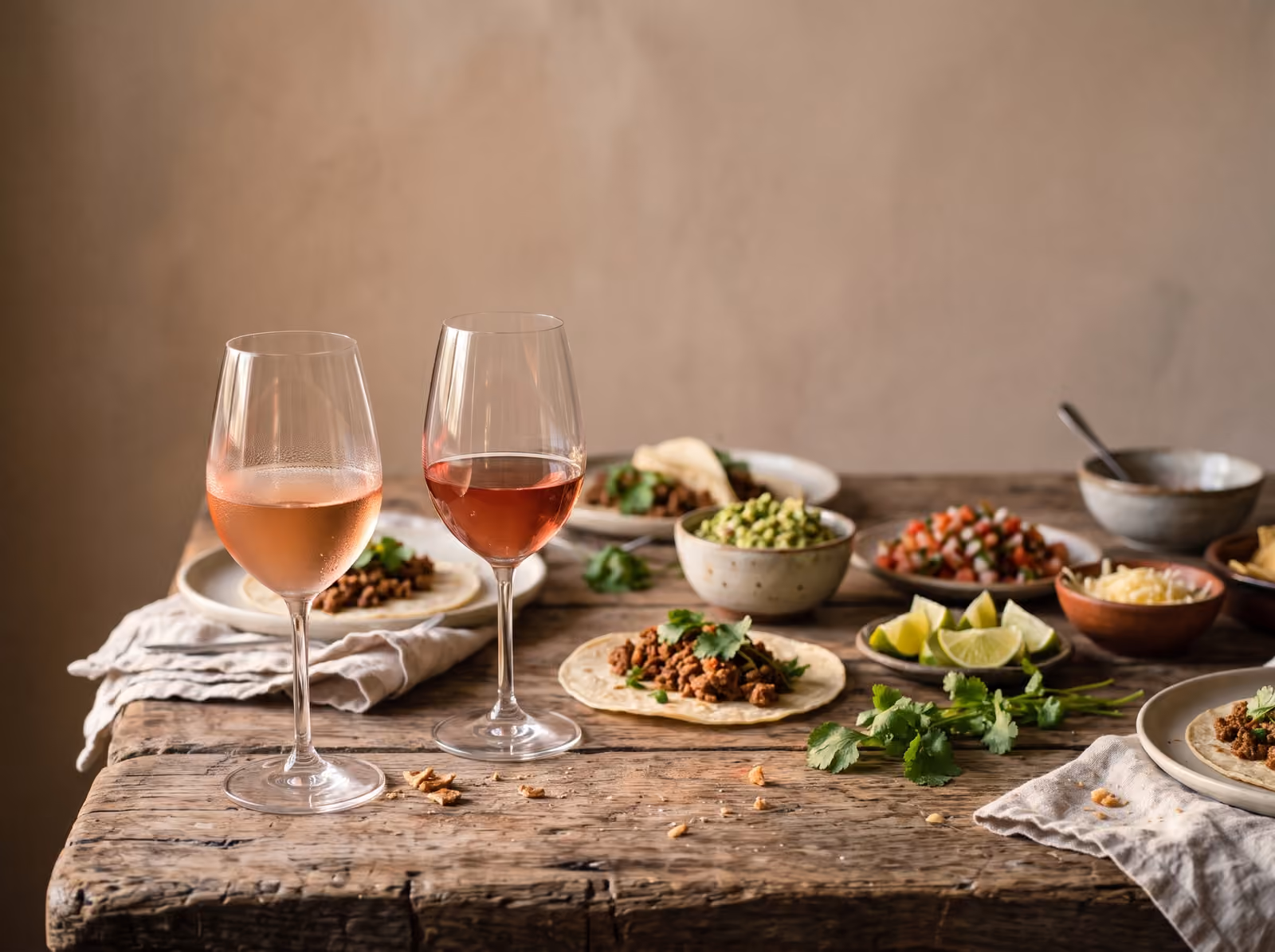 Tacobord med majstortillas, guacamole og lime ved siden af et glas rosé og et glas let rødvin