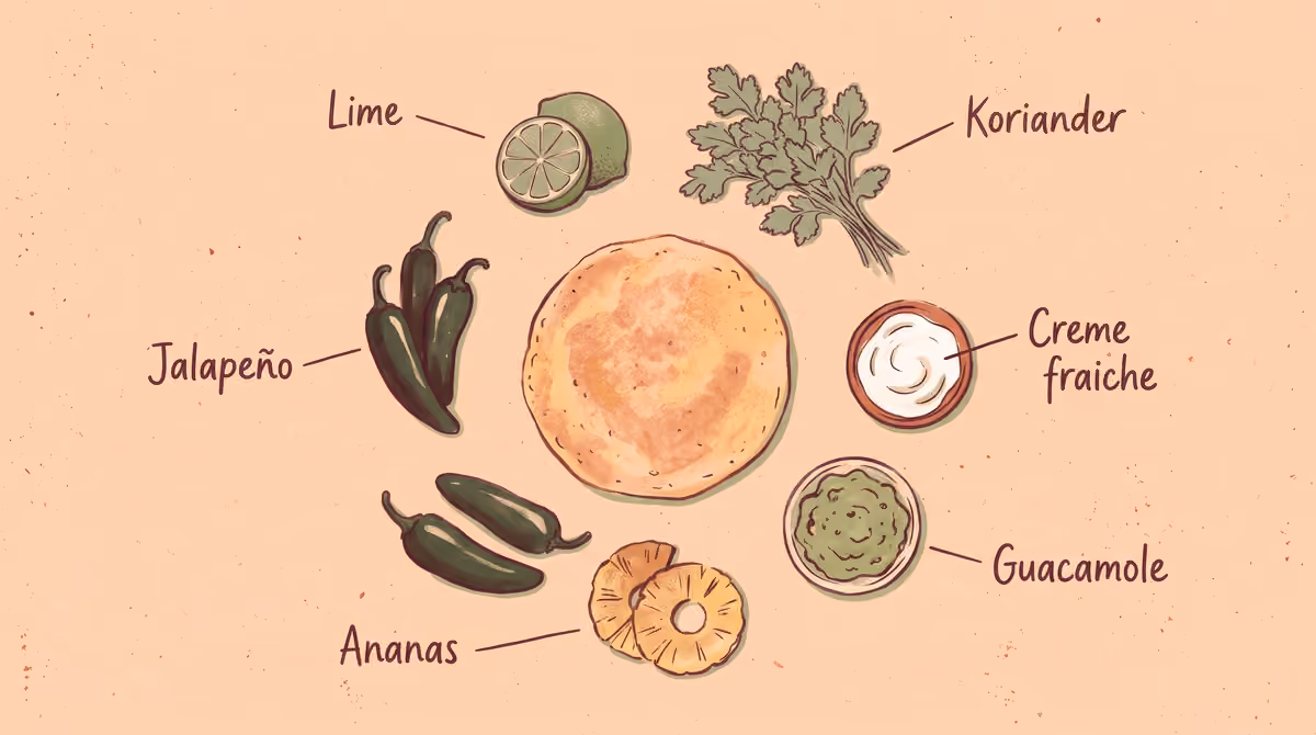 Illustration af tacobordets toppings: lime, koriander, creme fraiche, guacamole, ananas og jalapeño