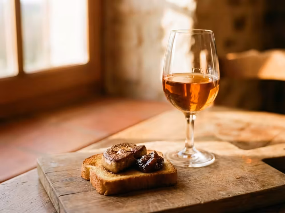 Gyldent glas dessertvin ved siden af pandestegt foie gras på ristet brioche med figenchutney.