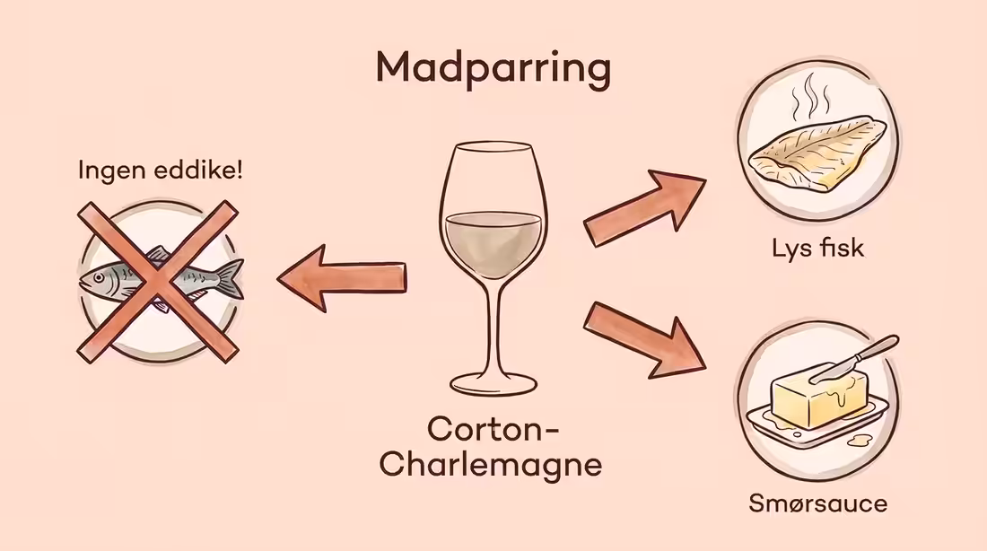 Diagram over gode og dårlige madmatches til fyldig hvidvin, med fokus på fisk og smørsauce.