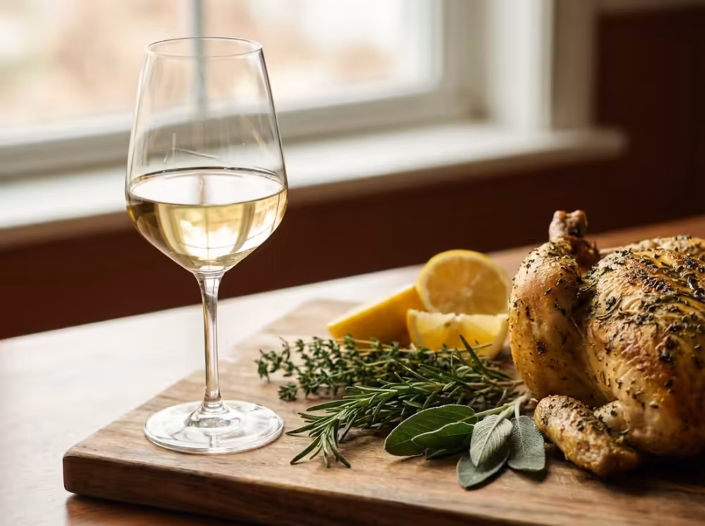 Elegant hvidvin serveret ved siden af gyldenstegt kylling, friske urter og citron.